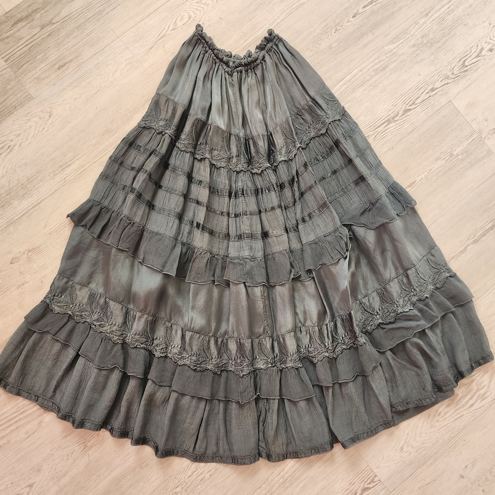 Elegant Teal Gray Tiered Vintage Skirt